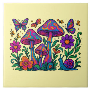 Azulejo De Cerâmica Flores Psicodélicas e Cogumelos Retro