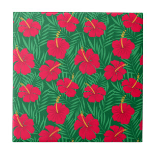 Azulejo De Cerâmica Flores Red Hibiscus em Folhas Tropicais Verdes