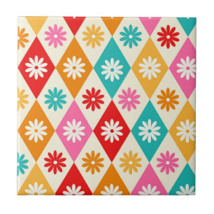 Azulejo De Cerâmica Flores Retro em Diamantes Harelquin de Meados do S