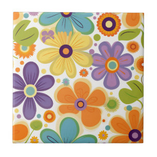 Azulejo De Cerâmica Flores Retro Laranja Lilac e Verde