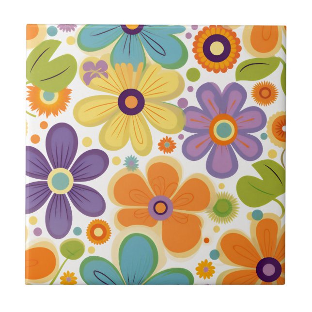 Azulejo De Cerâmica Flores Retro Laranja Lilac e Verde (Frente)
