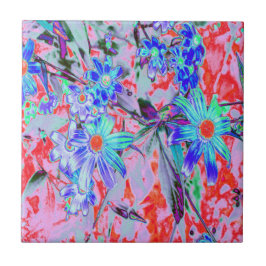 Azulejo De Cerâmica Flores Retro Psicodélicas Aqua Verde e Laranja