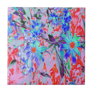 Azulejo De Cerâmica Flores Retro Psicodélicas Aqua Verde e Laranja