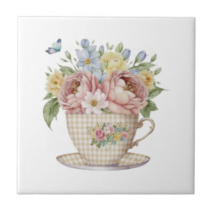 Azulejo De Cerâmica Flores Rosa Amarelo Azul em Xícara de Chá Cozinha 