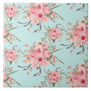 Azulejo De Cerâmica Flores Rosa Bege em Azul Claro