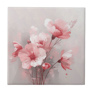 Azulejo De Cerâmica Flores Rosa, Branco e Cinza