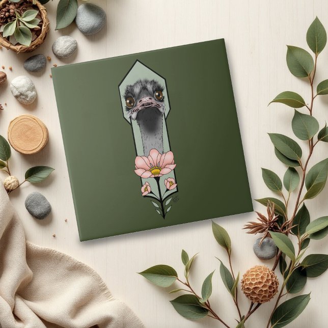 Azulejo De Cerâmica Flores Rosa de Avestruz Verde Oliva Art Déco (Criador carregado)