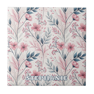Azulejo De Cerâmica Flores Rosa Delicadas com Folhagem Azul Suave