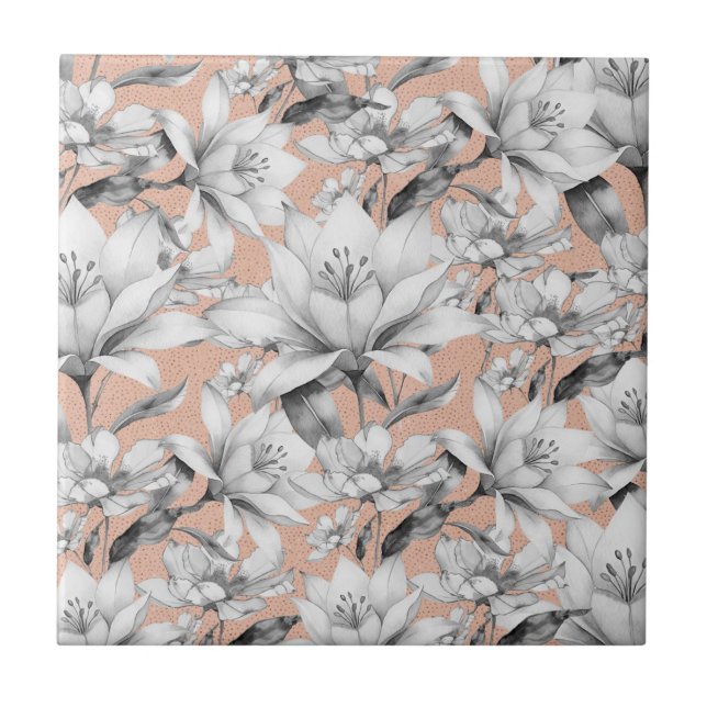 Azulejo De Cerâmica Flores rosa douradas preto botânico (Frente)