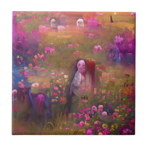 Azulejo De Cerâmica Flores rosa num campo verde arte digital