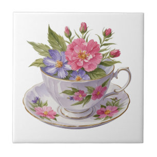 Azulejo De Cerâmica Flores Rosa Roxo em Xícara de Chá Antiga Vintage