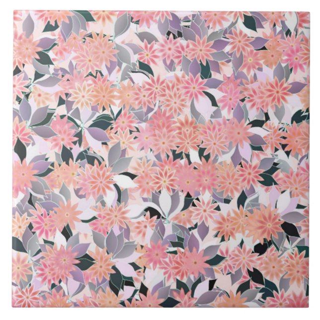 Azulejo De Cerâmica Flores rosa sobre fundo de folhas prateadas (Frente)