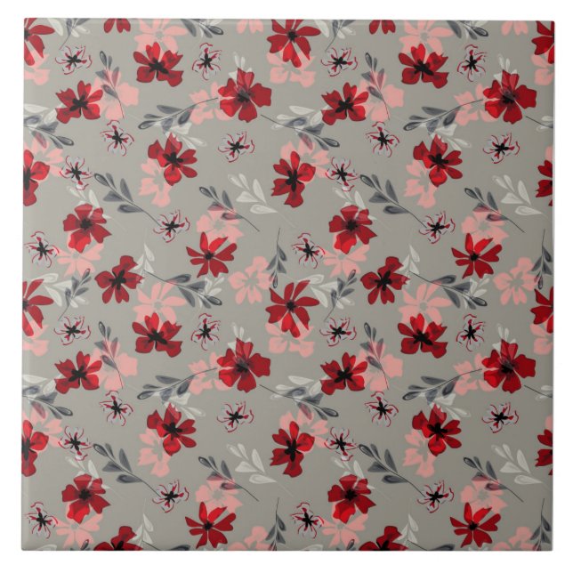 Azulejo De Cerâmica Flores rosa-vermelho em um fundo cinza. (Frente)
