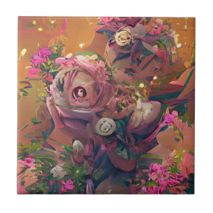 Azulejo De Cerâmica Flores rosas cor-de-rosa, cor-de-rosa, verde, arte