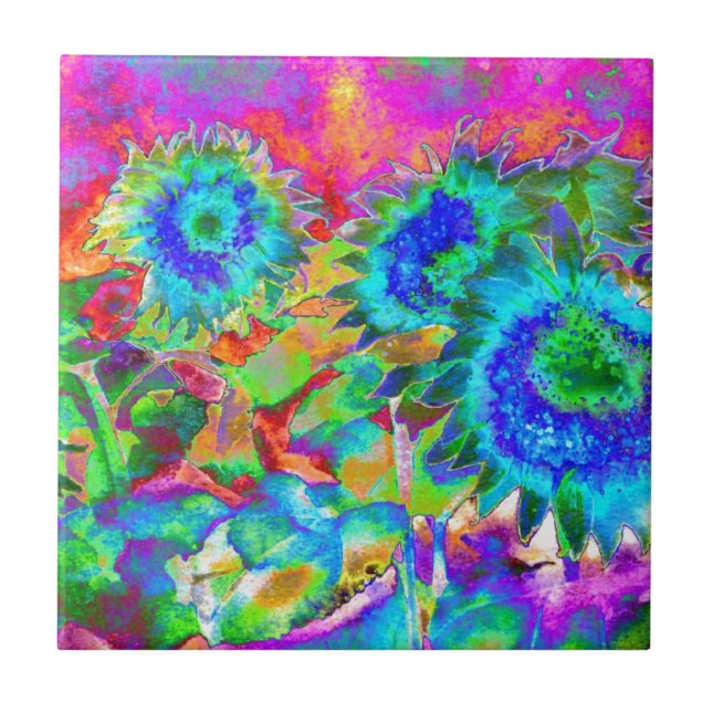 Azulejo De Cerâmica Flores roxas azuis rosa boho retrô (Frente)