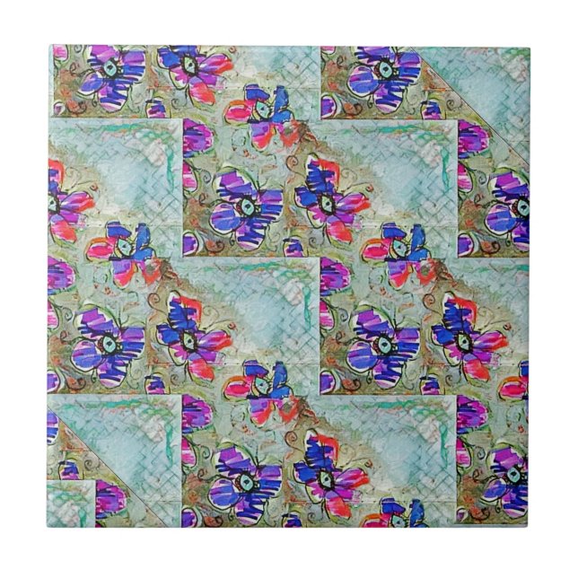 Azulejo De Cerâmica Flores roxas e azuis quadrados Zigzags (Frente)