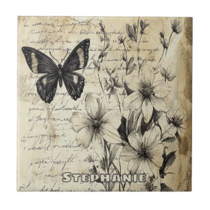 Azulejo De Cerâmica Flores Rústicas e Borboleta - Papel Envelhecido