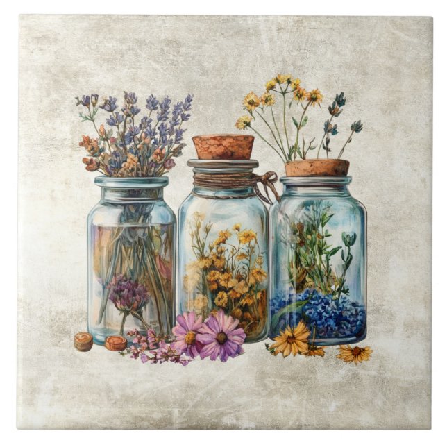 Azulejo De Cerâmica Flores Rústicas em Jarras em Aquarela (Frente)