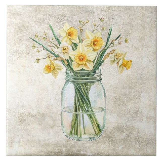 Azulejo De Cerâmica Flores Rústicas Narcisos em Jarra Antiga (Frente)