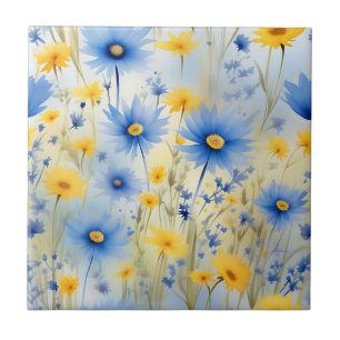 Azulejo De Cerâmica Flores Selvagens De Cores Aquáticas No Azul De Cor