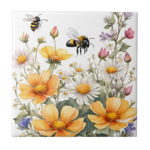 Azulejo De Cerâmica Flores Selvagens e Abelhas de Mel Aquarela