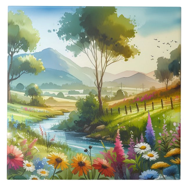 Azulejo De Cerâmica Flores selvagens e riachos no Vale de Primavera (Frente)