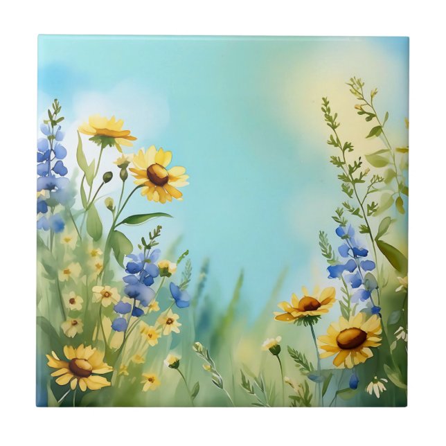 Azulejo De Cerâmica Flores Selvagens Em Molho Azul (Frente)