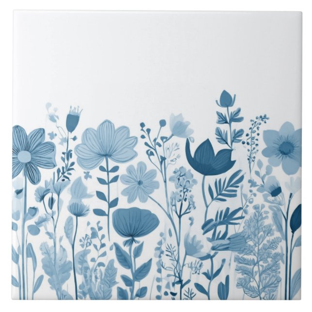 Azulejo De Cerâmica Flores selvagens - Flores Azuis e Brancas (Frente)