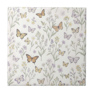 Azulejo De Cerâmica Flores Silvestres Borboletas Campina Botânica Past