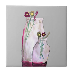 Azulejo De Cerâmica Flores silvestres de aquarelas brancas em vaso