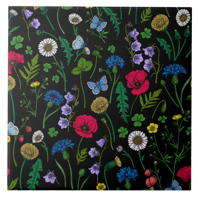 Azulejo De Cerâmica Flores silvestres em preto (Frente)