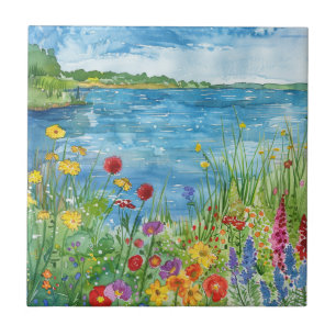 Azulejo De Cerâmica Flores silvestres junto a um lago