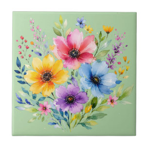 Azulejo De Cerâmica Flores silvestres pintadas à aguarela