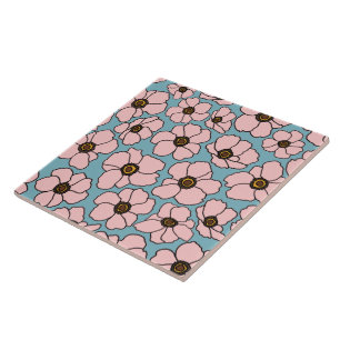 Azulejo De Cerâmica Flores Silvestres Rosa Sobre Azul Turquesa