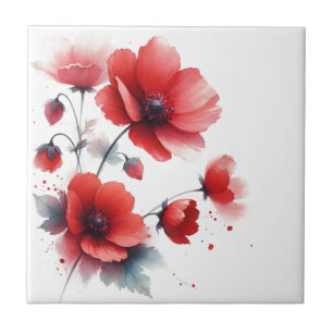 Azulejo De Cerâmica Flores silvestres vermelhos Aquarela Floral Cozinh