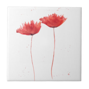 Azulejo De Cerâmica Flores silvestres vermelhos Aquarela Floral Cozinh