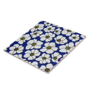 Azulejo De Cerâmica Flores Tropicais Brancas no Azul 