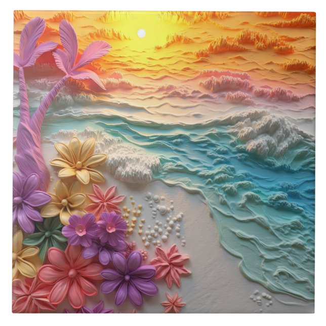 Azulejo De Cerâmica Flores Tropicais com Sunset de Praia (Frente)