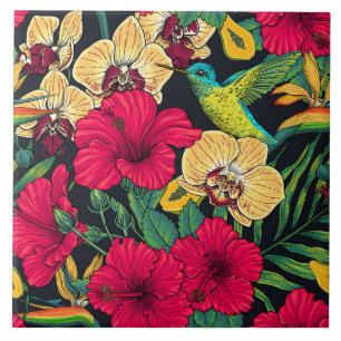 Azulejo De Cerâmica Flores Tropicais e Beija-flor - Botanica de Verão