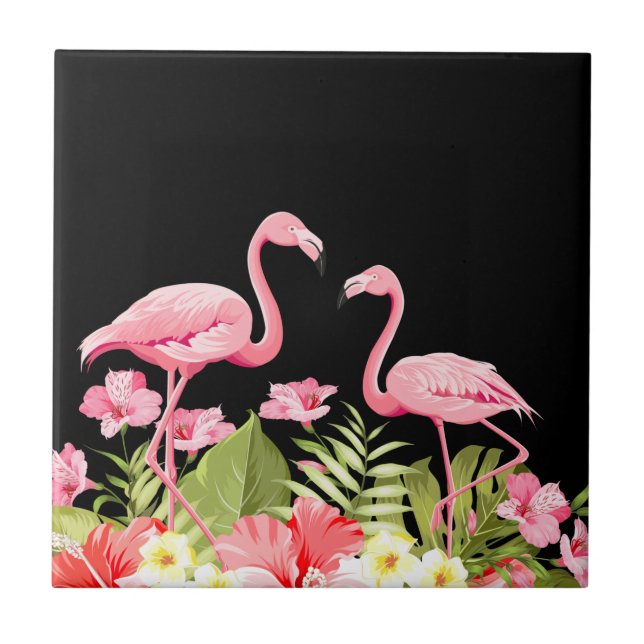 Azulejo De Cerâmica Flores Tropicais e Design de Flamingos (Frente)