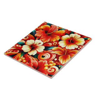 Azulejo De Cerâmica Flores tropicais havaianas Hibiscus Orange Pattern