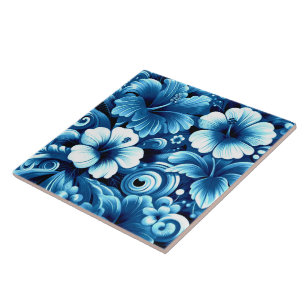 Azulejo De Cerâmica Flores tropicais havaianas Hibiscus Padrão Azul