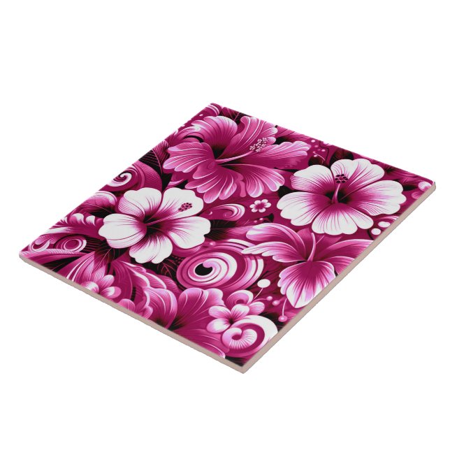 Azulejo De Cerâmica Flores tropicais havaianas Hibiscus Pink Padrão (Lateral)