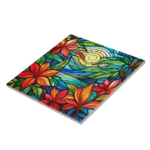 Azulejo De Cerâmica Flores tropicais na arte de vidro colorido