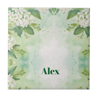 Azulejo De Cerâmica Flores Verde Modernas Aquarela & personalizar