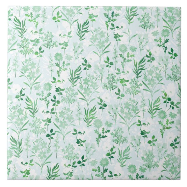 Azulejo De Cerâmica Flores Verdes com Pintura Botânica (Frente)