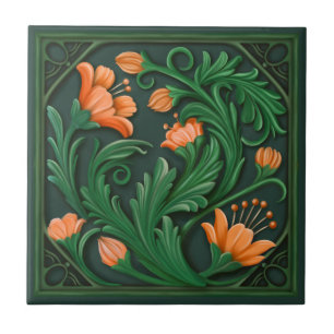 Azulejo De Cerâmica Flores Verdes e Laranja Originais