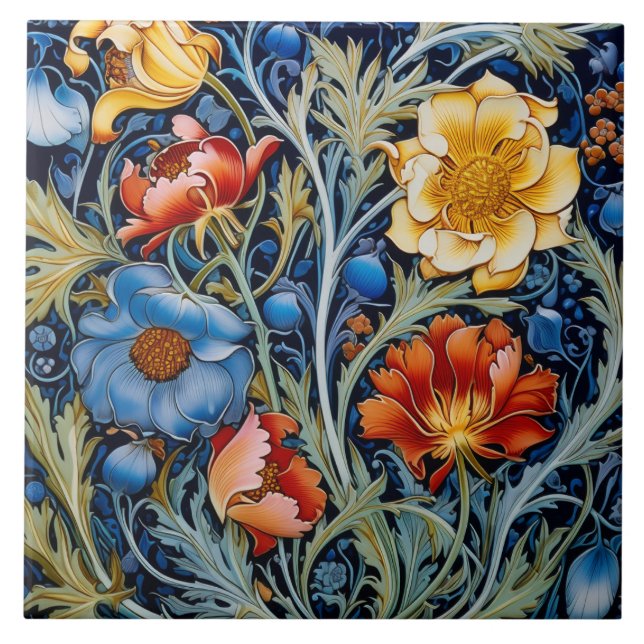 Azulejo De Cerâmica Flores Vermelhas Amarelas Azuis William Morris Est (Frente)