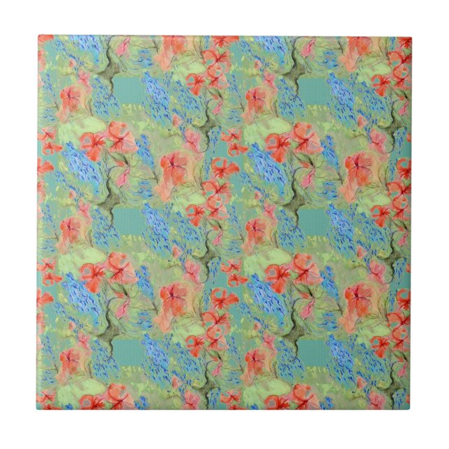 Azulejo De Cerâmica Flores Vermelhas e Azuis e Folhas Verdes (Frente)