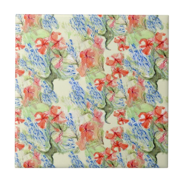 Azulejo De Cerâmica Flores Vermelhas e Azuis no Estilo Retroativo (Frente)
